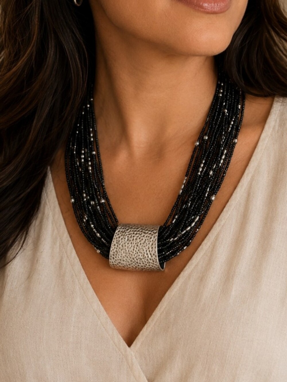 Vintage Coldwater Creek Multi-Strand Black Seed Bead Necklace with Silver Accent